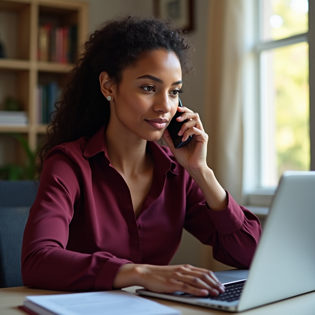 Woman on a phone call at her desk, maintaining a calm and professional expression during a difficult conversation