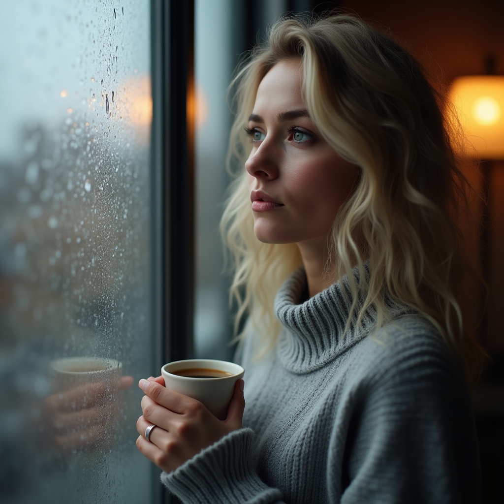 Woman entrepreneur looking thoughtfully out of a window, reflecting on her business journey