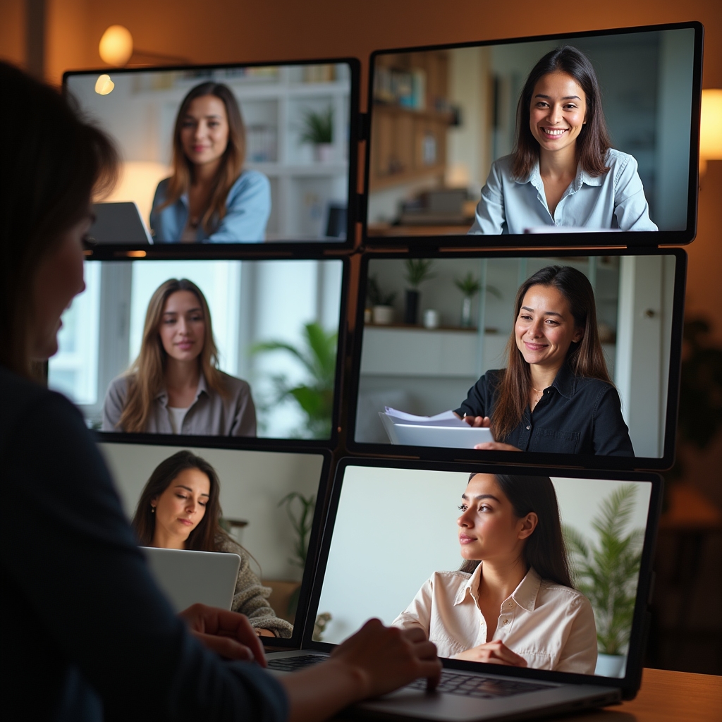Small group of women entrepreneurs in a focused online video session, each at their own workspace