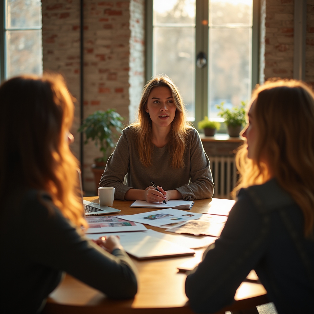Women in a group learning session around a table, engaged in discussion with papers and laptops