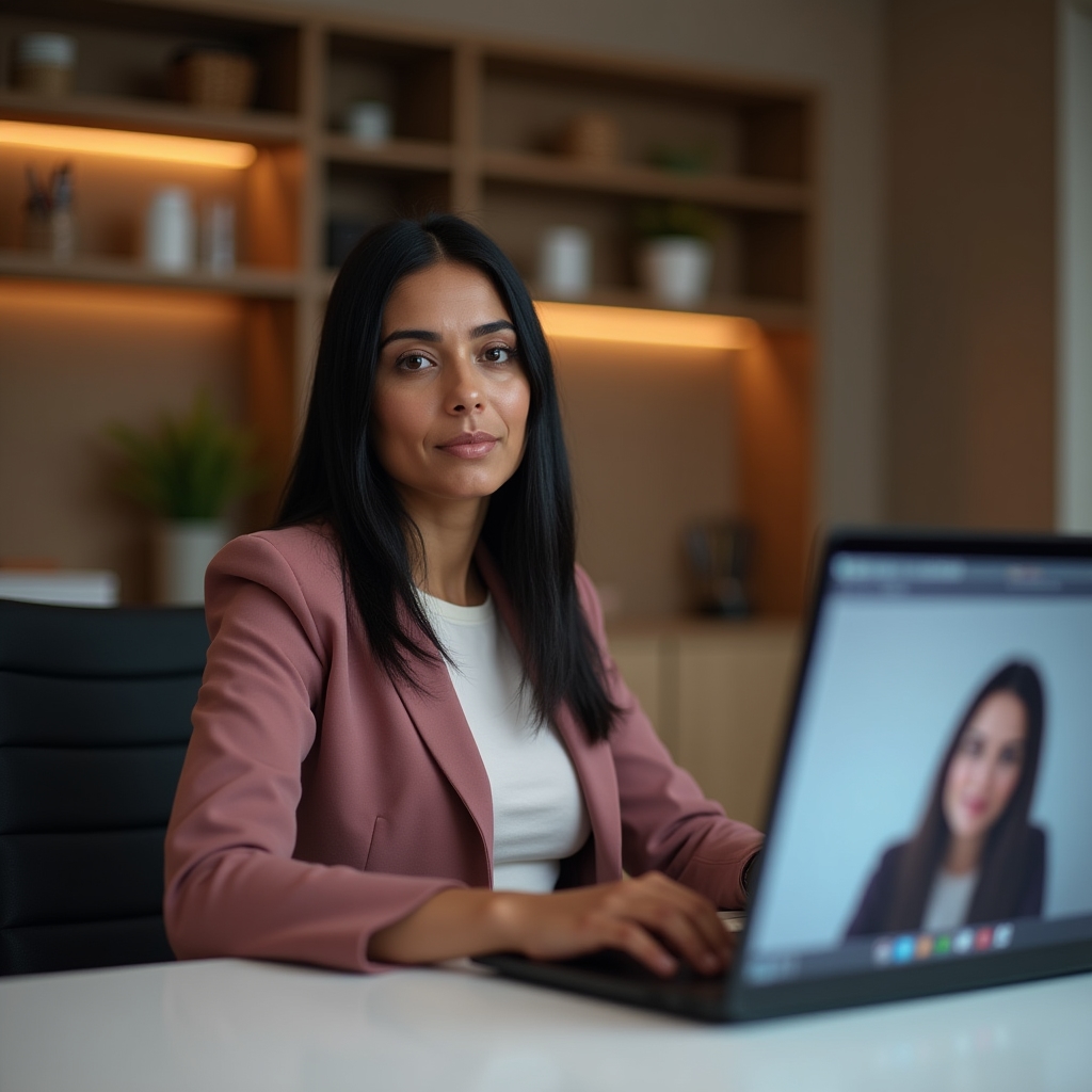 Woman on a video call looking composed and professional, handling a challenging conversation