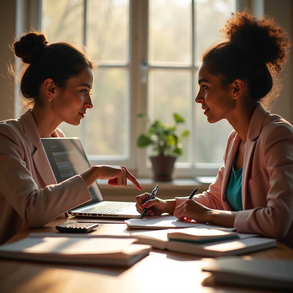 Two women discussing pricing strategy at a desk with laptops open