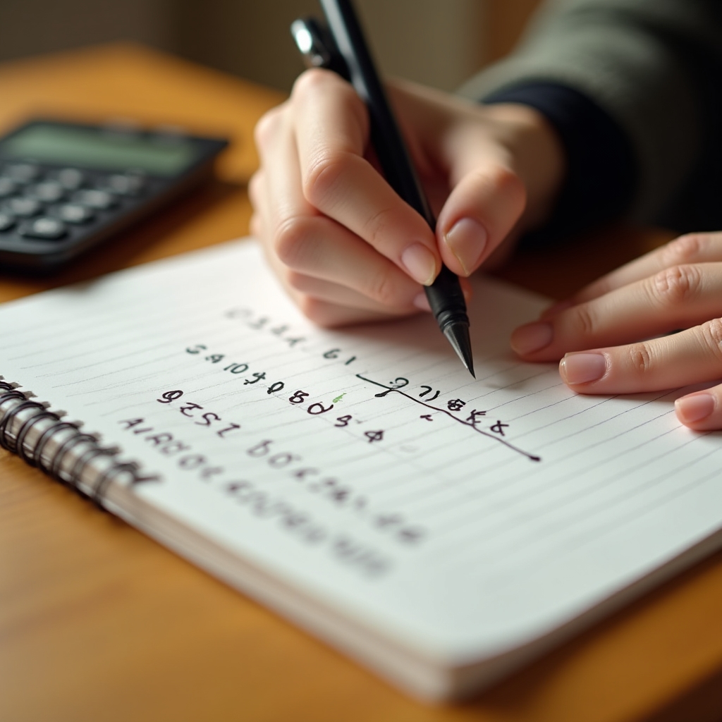 Close-up of a woman's hands writing numbers in a notebook, calculating pricing for her business