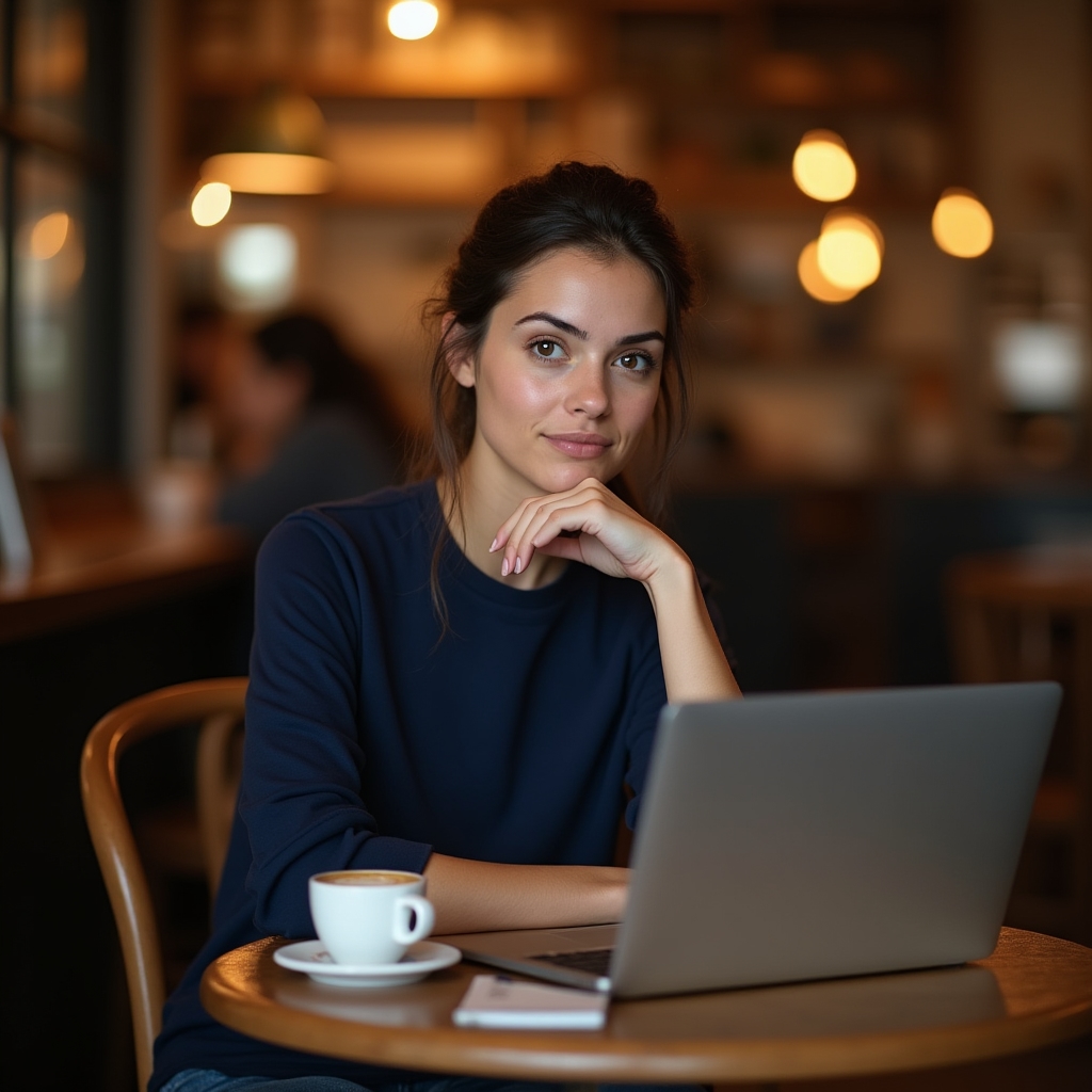 Woman entrepreneur alone at a coffee shop table with a laptop, looking thoughtful and focused