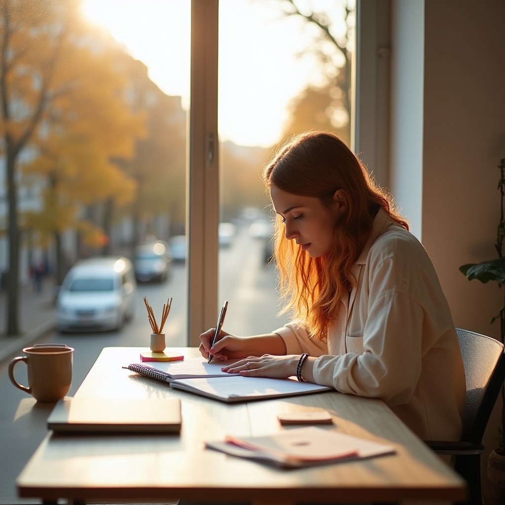 Woman entrepreneur working alone at a bright desk, planning her schedule with a notebook