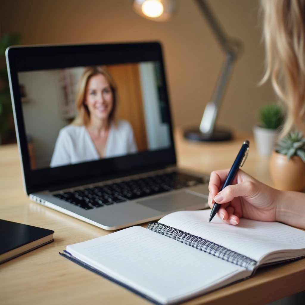 Facilitator leading an online session visible on a laptop screen, with participant notes in foreground