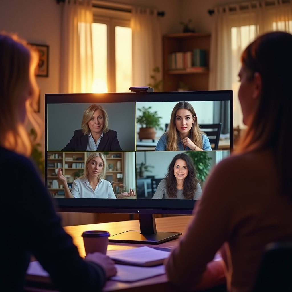 Women entrepreneurs in an online mentoring session, engaged and focused